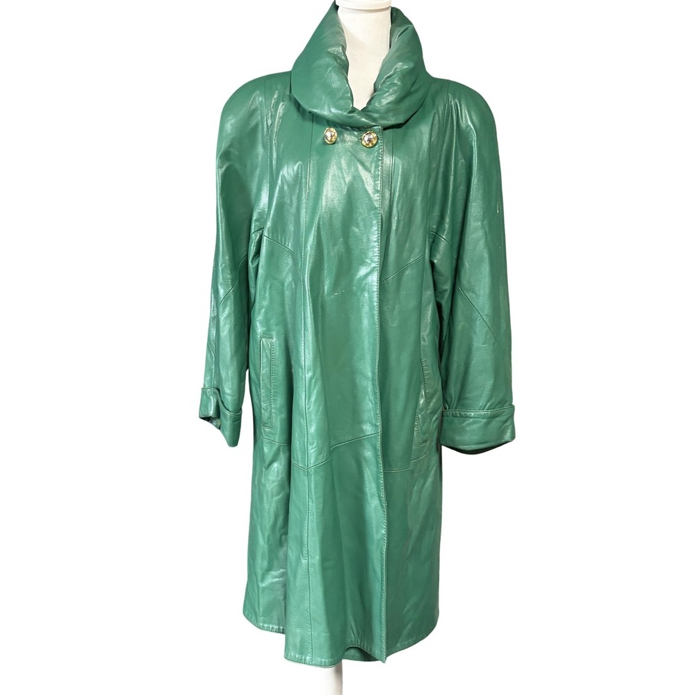 Image Leather Coat Womens Small Green Funnel Collar Long‎ 3/4 Sleeve Overcoat